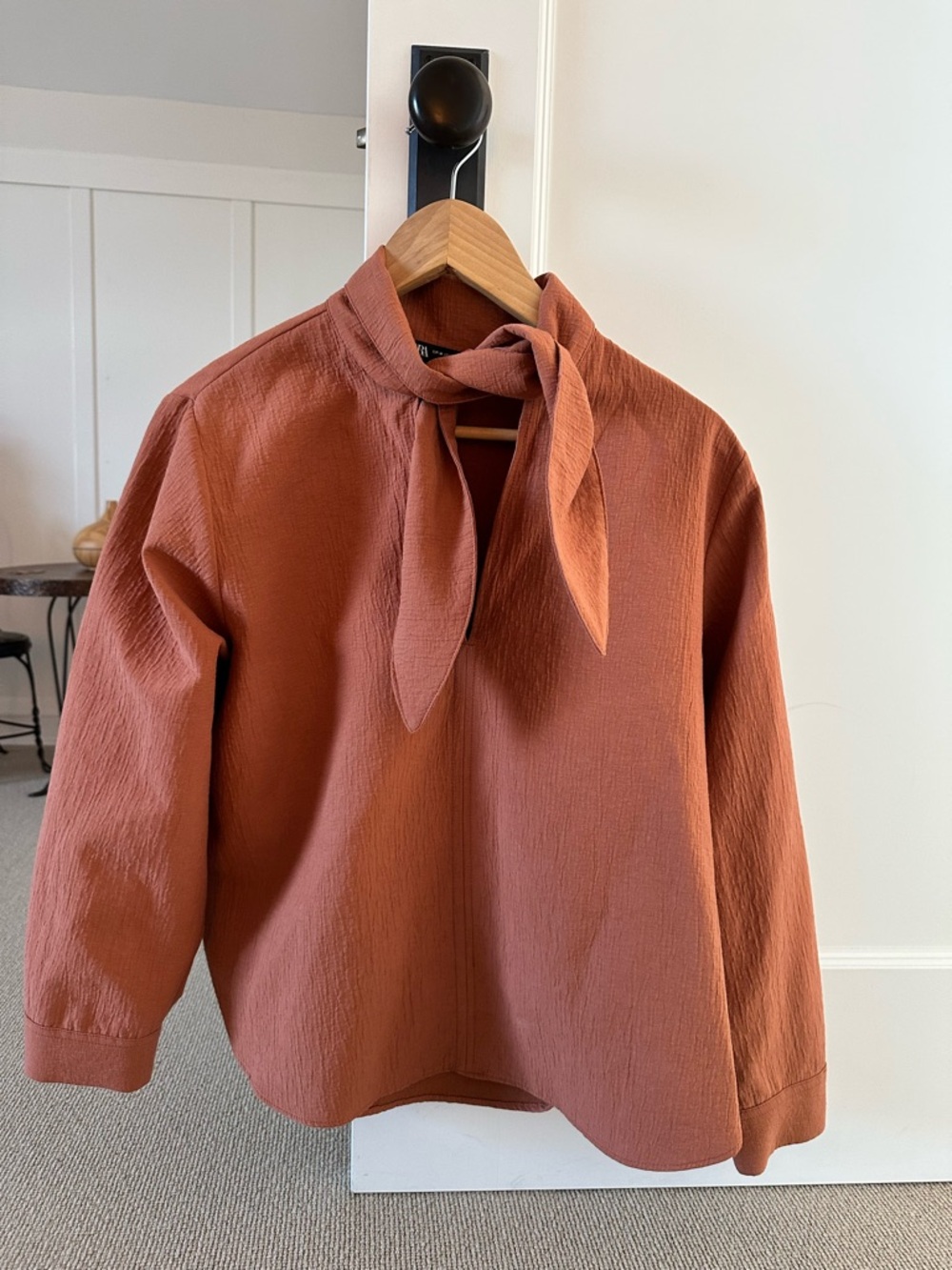 Zara Tie-Neck Blouse in Burnt Orange